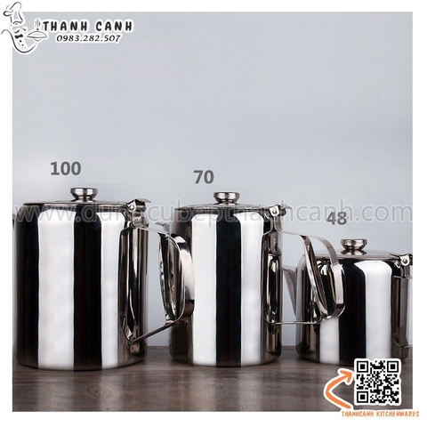 Ấm inox rót nước inox rót trà cafe có nắp có tay cấm 48oz/70oz/100oz