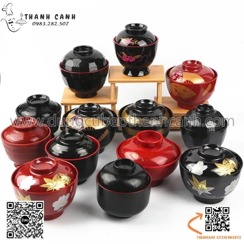 Bát súp miso nhựa có nắp phong cách nhật bản, bát  súp nhựa có nắp