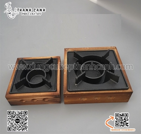 Bếp cồn gang hộp gỗ hai kích thước, mặt bếp bằng GANG ĐEN ĐÚC NGUYÊN KHỐI không phải NHÔM SƠN ĐEN