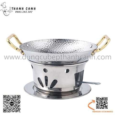 Bộ bếp inox nấu lẩu, bếp cồn tháp sườn cay có 2 quai màu vàng