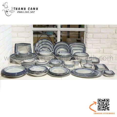 Bộ bát đĩa melamine, chén dĩa melamine vuông hoa văn Blueline, bộ phíp sóng xanh