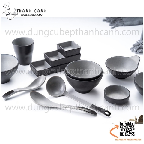 Bát đĩa Melamine cho nhà hàng màu xám đen, bộ bát đĩa lòng xám vỏ đen cao cấp