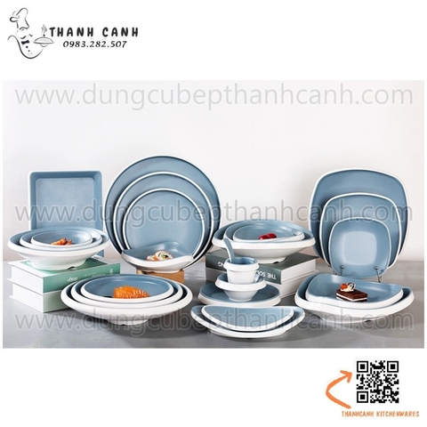 Bộ bát đĩa phíp hai màu trắng xanh trời, bộ chén dĩa melamine phong cách biển xanh