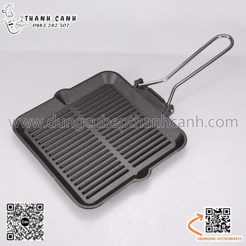 Đĩa nướng gang hình vuông 22x22cm có tay cầm inox, đĩa nướng thịt bít tết