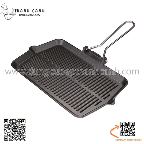 Chảo gang nướng hình chữ nhật 20x35cm,Đĩa nướng gang có tay cầm inox, đĩa nướng thịt bít tết