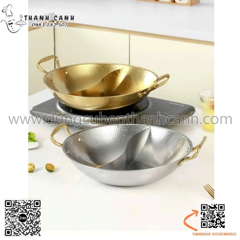 Nồi lẩu hai ngăn nhám thời trang, chảo lẩu inox màu trắng, màu vàng