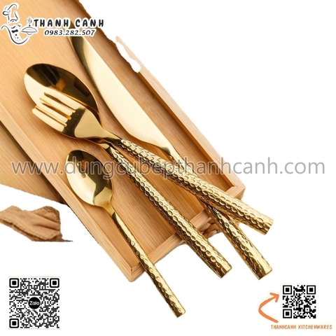 Bộ dao muỗng nĩa cao cấp mạ vàng thân nhám, bộ dao thìa dĩa inox màu vàng cao cấp độc đáo
