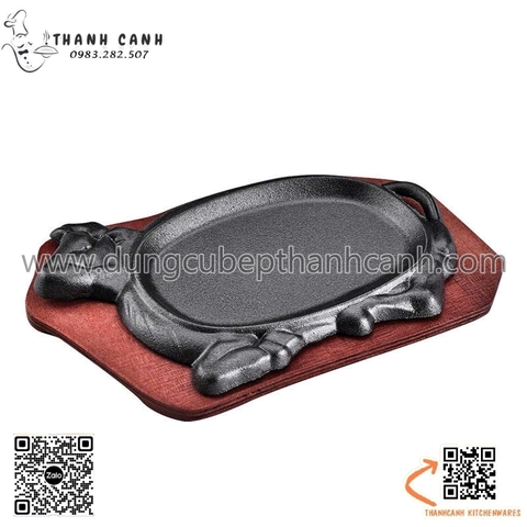 Bản gang đầu bò chống dính kèm đế gỗ, đĩa gang bò né, dĩa nướng gang hình con bò