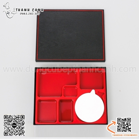 Hộp cơm Bento Nhật Bản màu đỏ đen kèm bát soup có nắp