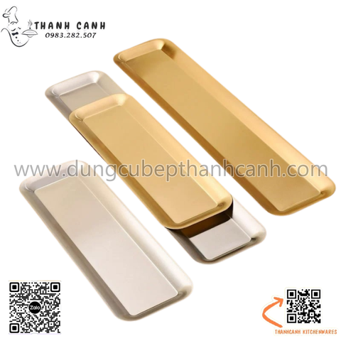 Khay inox chữ nhật màu vàng và bạc nhiều kích thước