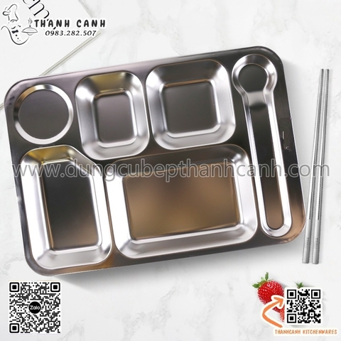 Khay cơm inox 6 ngăn tiện lợi có chỗ để thìa size 27x38cm