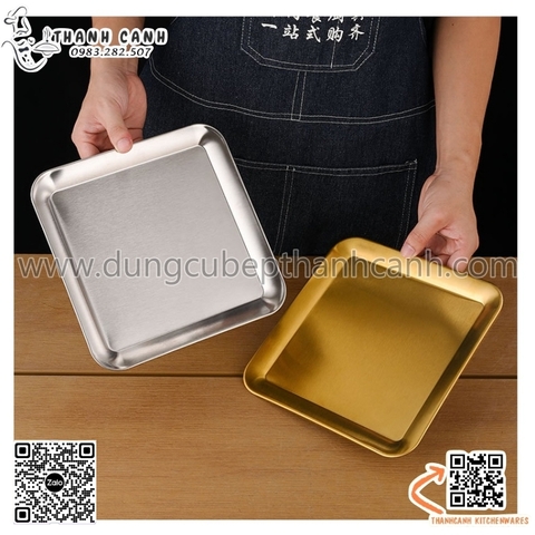 Đĩa inox hình vuông, Đĩa inox Hàn Quốc màu trắng hoặc vàng chuyên dụng bày đồ ăn