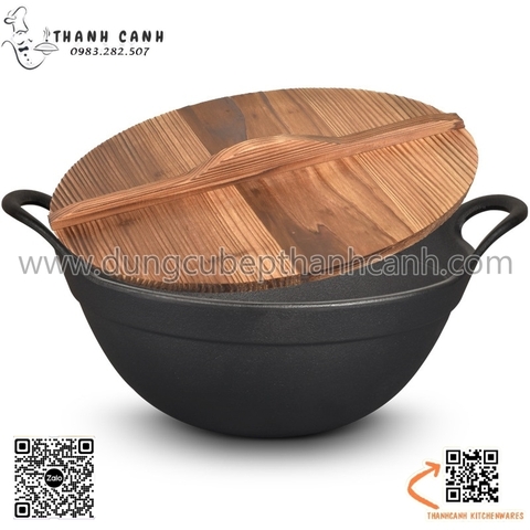 Nồi lẩu gang đen hai quai nắp gỗ, nồi lẩu gang nhà hàng phong cách Nhật