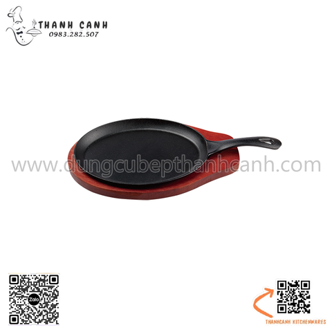 Đĩa nướng gang bầu dục có tay cầm, kiểu dángcách điệu ,chảo gang nướng hình bầu dục kèm đế gỗ