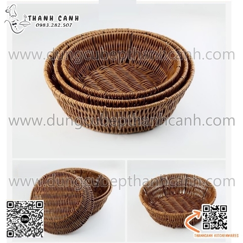 Rổ mây hình tròn màu nâu sâu lòng, rổ tròn giả mây cao cấp hình vuông đựng hoa quả