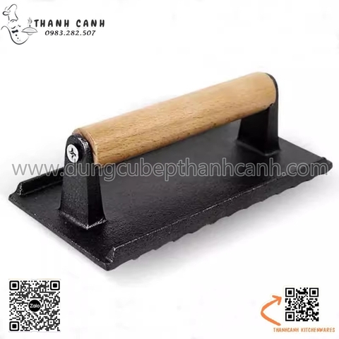 Dụng cụ ép thịt bằng gang, ép thịt gang cầm tay cán gỗ hình tròn và hình chữ nhật