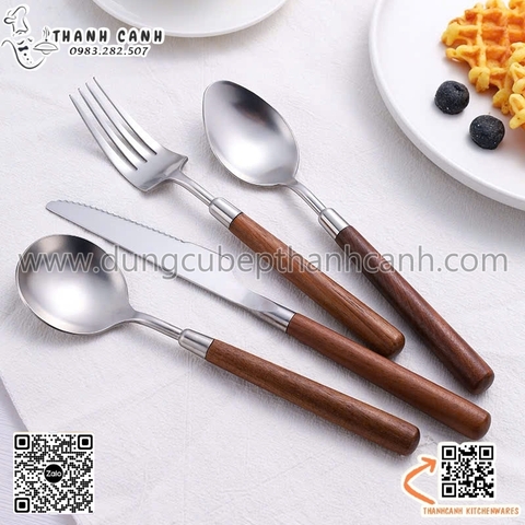 Bộ dao thìa dĩa thân gỗ cán tròn, set dao muỗng nĩa thân gỗ cao cấp