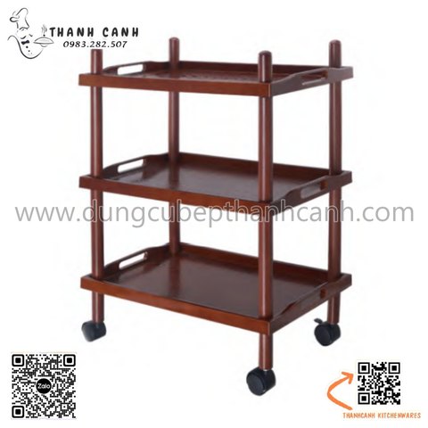 Xe đẩy phục vụ nhà hàng 3 tầng, chất liệu nhựa ABS sơn màu gỗ nâu sang trọng