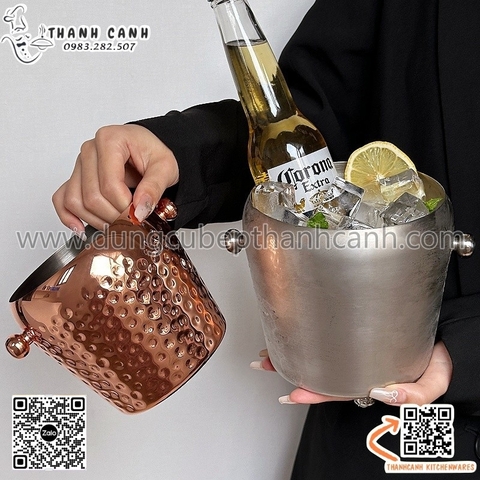 Âu inox đựng đá mini dạng gò chấm bi, xô đựng đá mini tay cầm