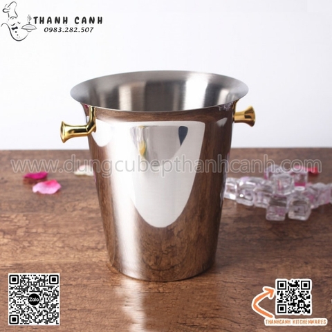 Xô ngâm rượu vang inox miệng loe, thân trơn, có hai núm cầm hai bên với hai màu sắc khác nhau