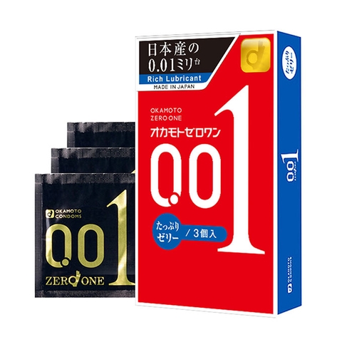 Bao cao su có gai siêu mỏng 0.01mm Okamoto Zero One Plenty Of Jelly, Hộp 3 cái