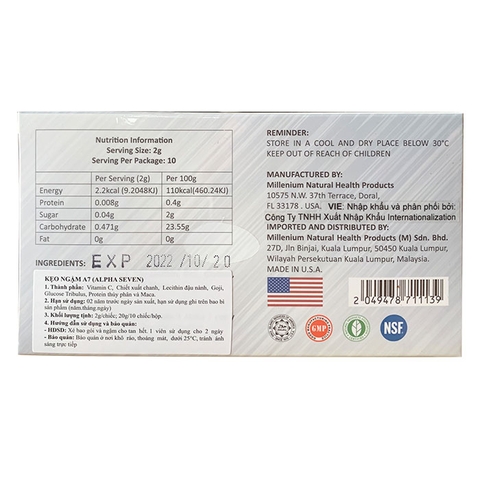 Kẹo sâm A7 Alpha Seven cao cấp của Mỹ, Hộp 10 viên