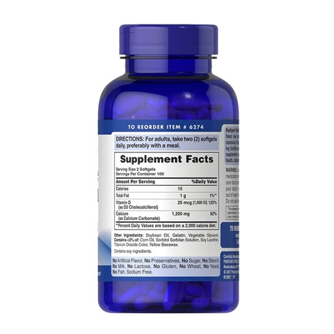 Puritan’s Pride Absorbable Calcium 1200mg Plus Vitamin D3 25 mcg, Hộp 200 viên