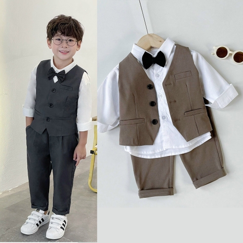 Mua Bộ, Set Vest Đen, Xanh Cho Bé Trai, Trẻ Em, Con Nít(1 quần, 1 áo vest,  1 ghile, 1 nơ) - Bộ Vest Đen Bé Trai - Số 3(97cm 14kg) tại Trần | Tiki