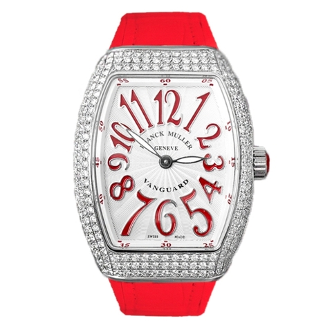 Đồng Hồ Franck Muller Lady Vanguard V32 Custom Diamonds Cọc Số Đỏ Dây Đeo Đỏ