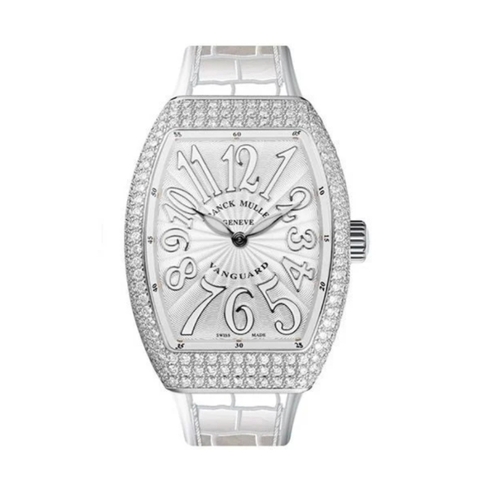 Đồng Hồ Franck Muller Lady Vanguard V32 White Custom Full Diamonds Cọc Số Trắng Dây Đeo Trắng