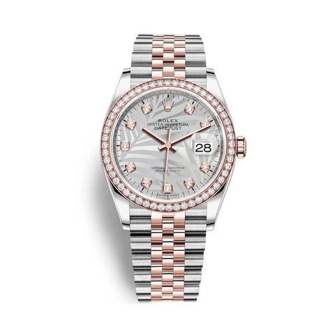 Đồng Hồ Rolex Datejust 36 Mặt Số Lá Cọ Bạc Đính Kim Cương 126281RBR-0025