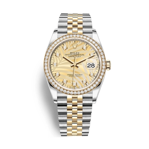 Đồng Hồ Rolex Datejust 36 126283RBR-0029 Mặt Số Lá Cọ Vàng Đính Kim Cương Dây Đeo Jubilee Thép Vàng Vàng