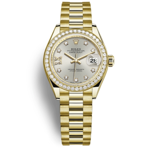 Đồng Hồ Rolex Lady-Datejust 28 279138RBR-0001 Mặt Số Bạc Dây Đeo President Vàng Vàng
