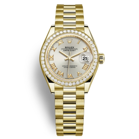 Đồng Hồ Rolex Lady-Datejust 28 279138RBR-0017 Mặt Số Bạc Dây Đeo President Vàng Vàng