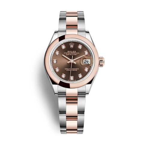 Đồng Hồ Rolex Lady-Datejust 28 279161-0012 Mặt Số Chocolate Dây Đeo Oyster Vàng Hồng Thép