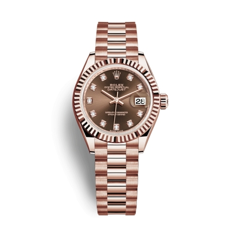 Đồng Hồ Rolex Lady-Datejust 28 279175-0016 Mặt Số Chocolate Dây Đeo President Vàng Hồng