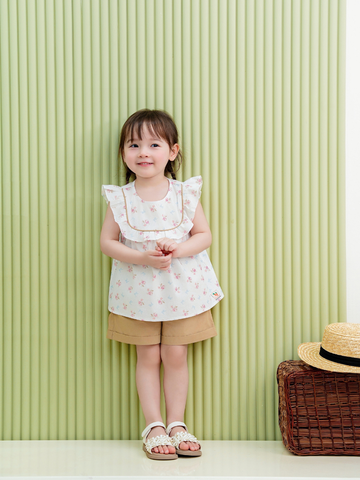 Bộ cộc cánh tiên hoa nhí hồng quần nâu tây xinh xắn