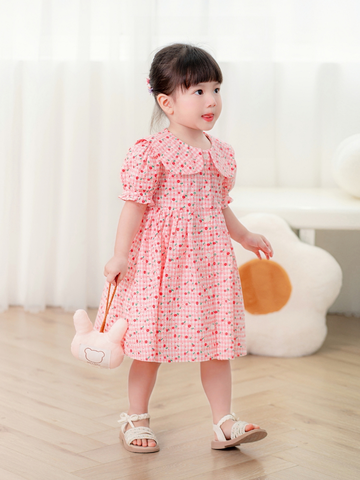 Váy tay bồng nẹp cúc caro hồng hoa nhí