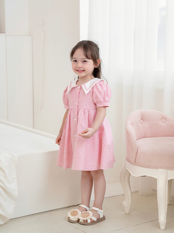 Váy kẻ hồng tay bồng cổ PP xinh xắn