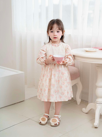 Vay tay dài hoa hồng leo phối ren ngực