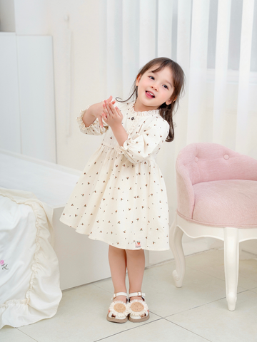 Váy hoa nhí tay dài cổ viền ren nẹp cúc