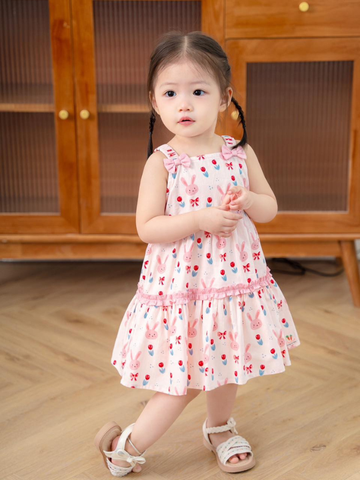 Váy 2D chun vai thỏ hồng có nơ