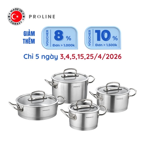 Bộ nồi bếp từ inox 4 món cao cấp Korkmaz Proline nắp kính 2L, 4L, 6.3L, 3.1L - A1147