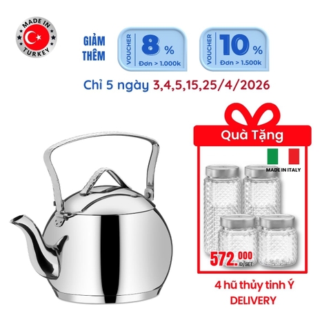 Ấm inox cao cấp Korkmaz Tombik 3.5 lít - Ø17x20cm - A094 - Tặng 4 hũ thủy tinh Delivery