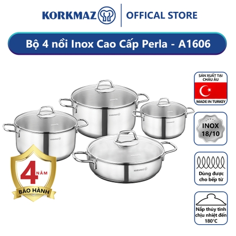 Bộ nồi bếp từ inox 4 món cao cấp Korkmaz Perla nắp kính 1.8l, 3.5l, 5.5l, 3l - A1606