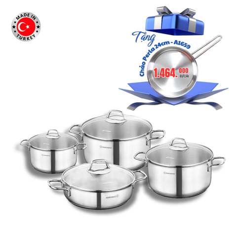 Bộ nồi bếp từ inox 4 món cao cấp Korkmaz Perla nắp kính 1.8l, 3.5l, 5.5l, 3l - A1606