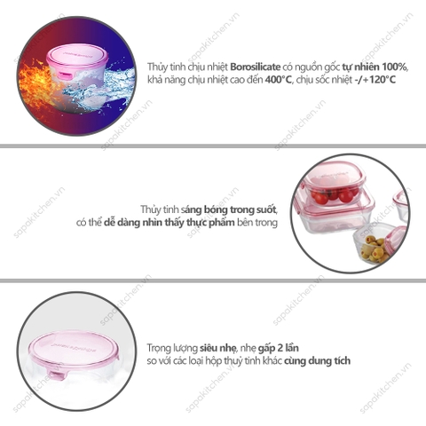 Hộp thủy tinh tròn chịu nhiệt, nắp hồng Iwaki 1.3L
