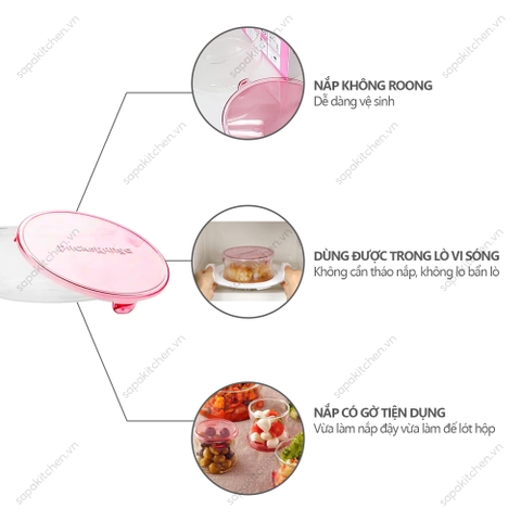 Hộp thủy tinh tròn chịu nhiệt, nắp hồng Iwaki 490ml