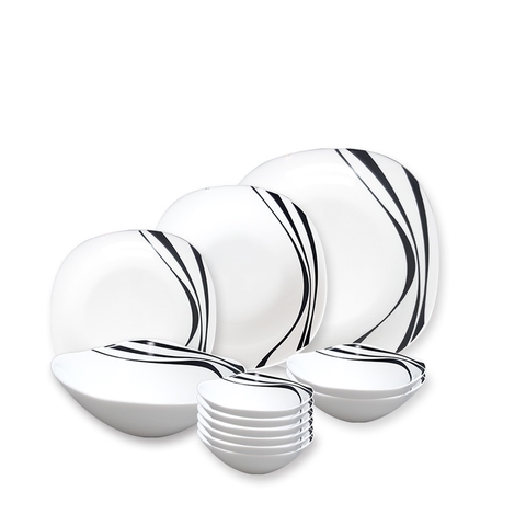 Bộ chén đĩa thủy tinh vuông Diva Ivory Midnight 12 món (La Opala)