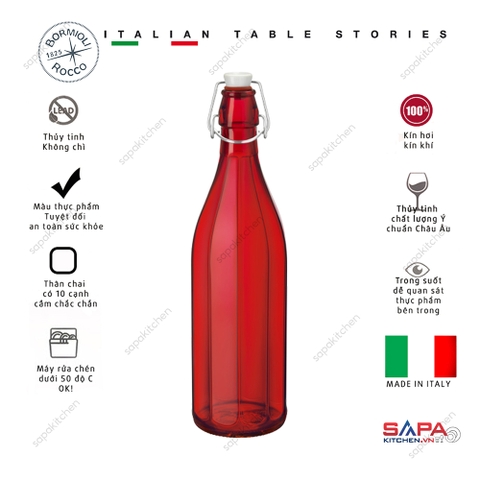 Chai thủy tinh thập giác nắp cài kín hơi Oxford 1L màu đỏ